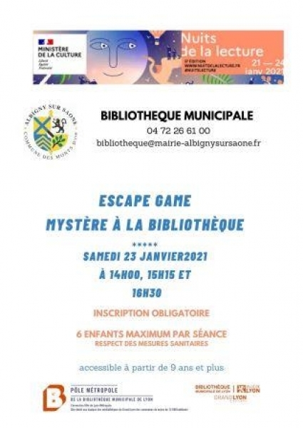  © froment marie francoise bibliotheque mairie albignysursaone bibliotheque municipale espace game dans cadre nuits lecture 2021 bibliotheque propose escape game accessible enfants partir inscription obligatoire personnes maximum respect regles sanitaires 